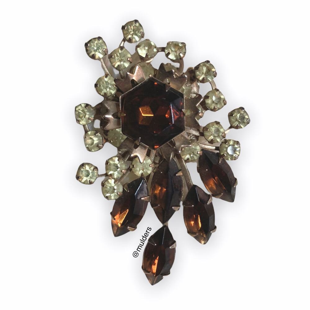Vintage Jewelry Signed Cathe Brown & Light Green Rhinestone Brooch Pin